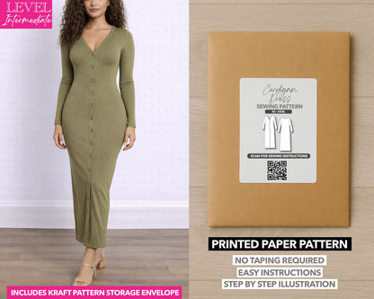 Button Front Cardigan Dress printed sewing pattern with easy instructions and step by step illustrations.