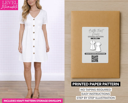 Button Front Mini Dress printed sewing pattern with easy instructions and step by step illustrations.
