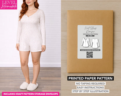 Button Front Knit Sleep Romper printed sewing pattern with easy instructions and step by step illustrations.