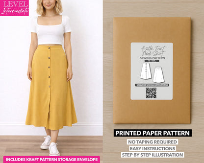Button Front Midi Skirt printed sewing pattern with easy instructions and step by step illustrations.