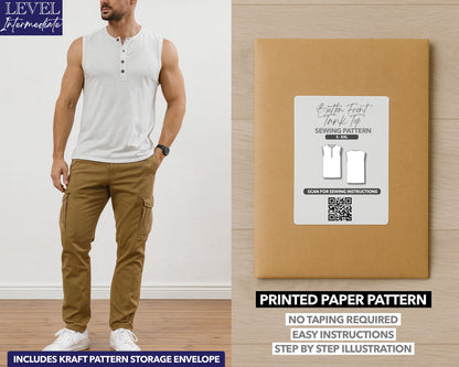Button Front Round Neck Tank Top printed sewing pattern with easy instructions and step by step illustrations.