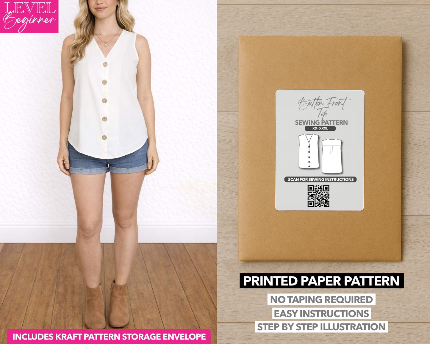 Button Front Sleeveless Top printed sewing pattern with easy instructions and step by step illustrations.