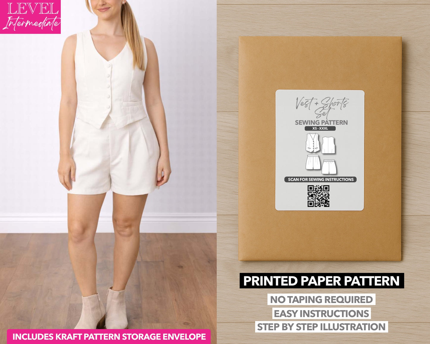 Button Front Vest and Short Set printed sewing pattern with easy instructions and step by step illustrations.