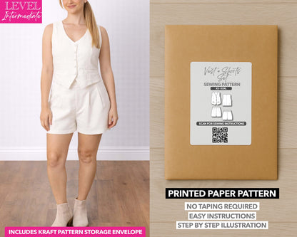 Button Front Vest and Short Set printed sewing pattern with easy instructions and step by step illustrations.