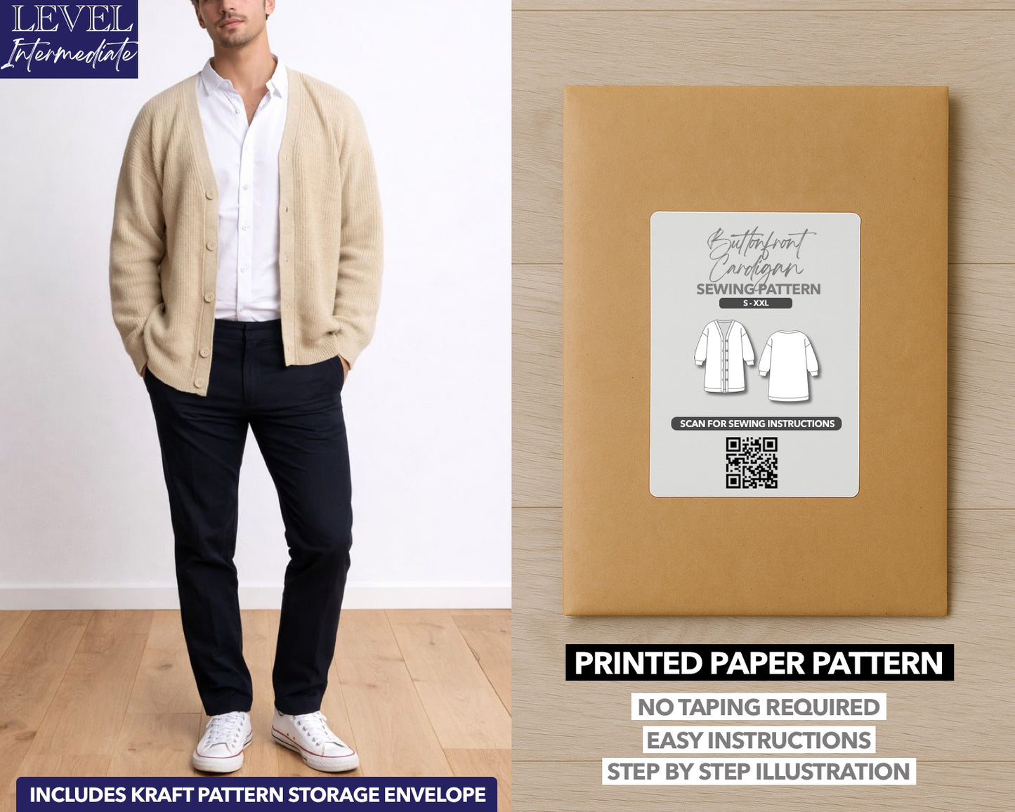 Button Front Cardigan printed sewing pattern with easy instructions and step by step illustrations.