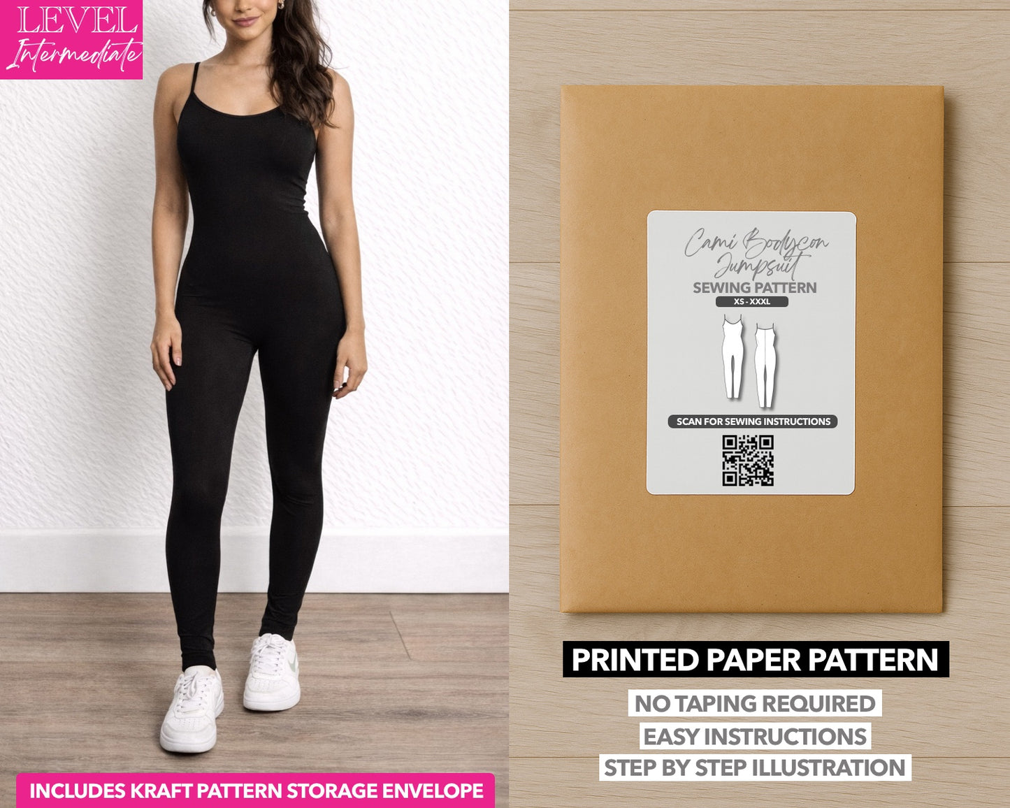 Cami Bodycon Jumpsuit printed sewing pattern with easy instructions and step by step illustrations.