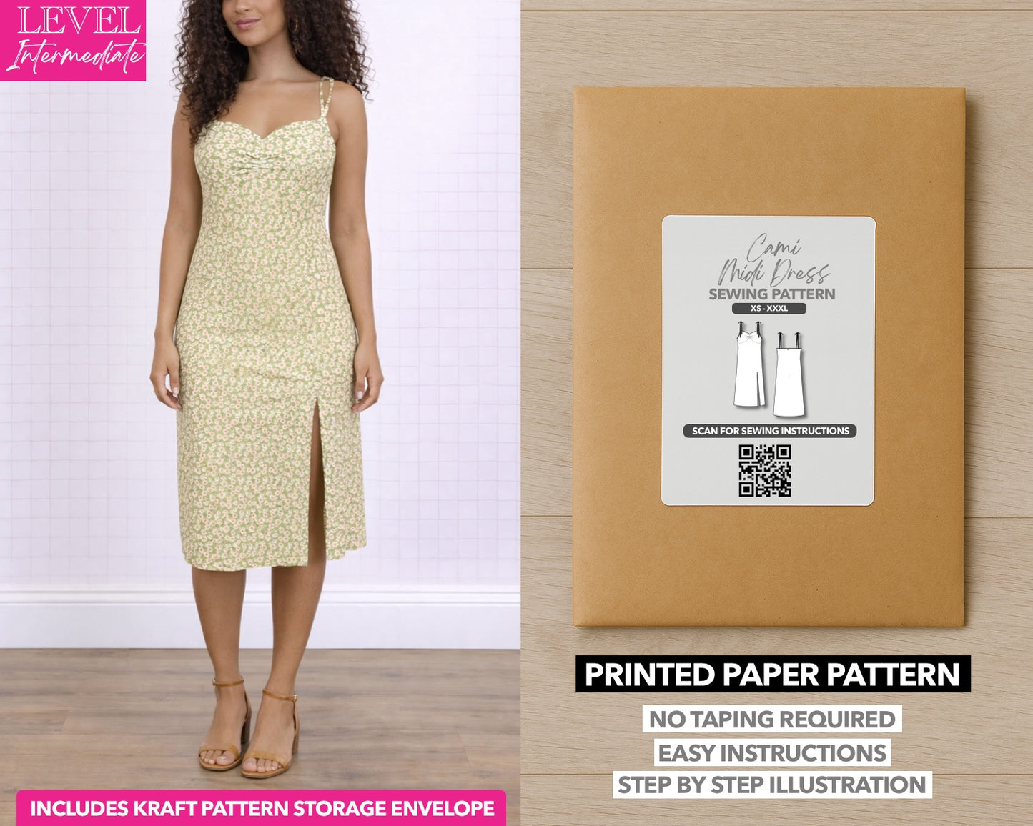 Cami Slip Midi Dress printed sewing pattern with easy instructions and step by step illustrations.