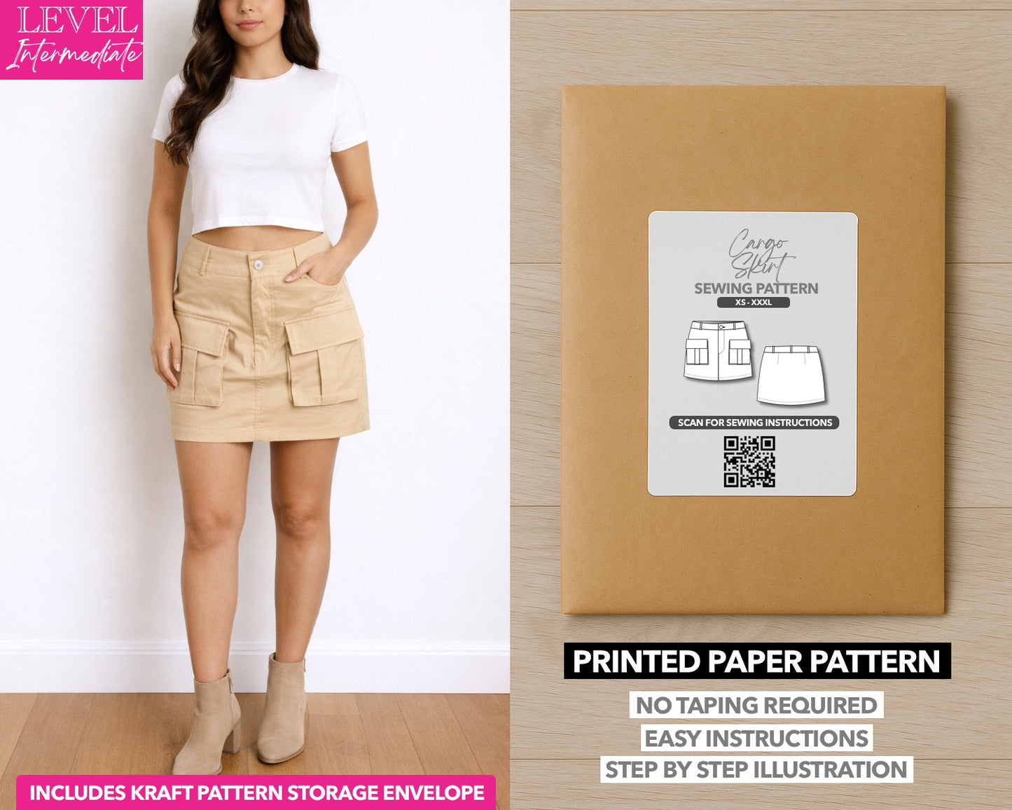 Cargo Mini Skirt printed sewing pattern with easy instructions and step by step illustrations.