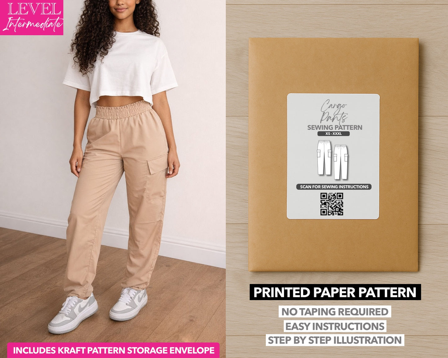 Cargo Pants printed sewing pattern with easy instructions and step by step illustrations.