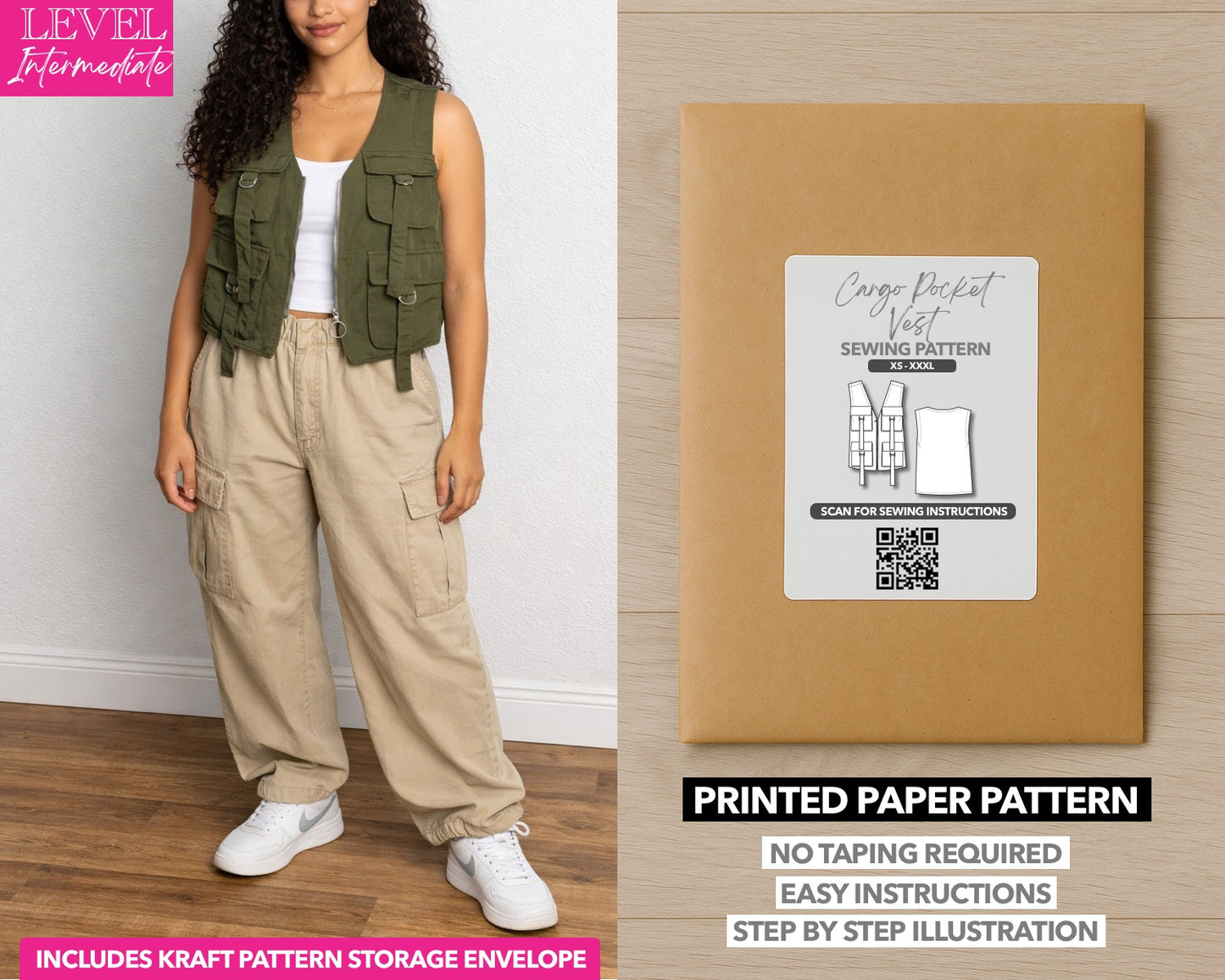 Cargo Pocket Vest printed sewing pattern with easy instructions and step by step illustrations.