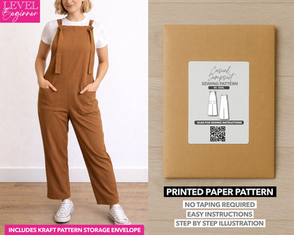 Tie Detail Pocket Overall Jumpsuit printed sewing pattern with easy instructions and step by step illustrations.