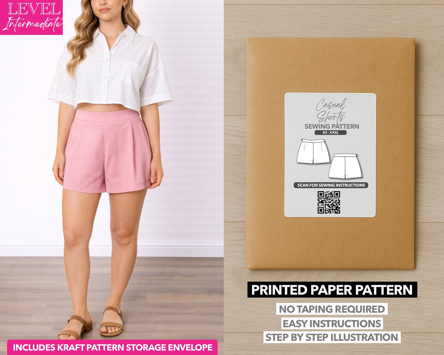Casual Wide Leg Shorts printed sewing pattern with easy instructions and step by step illustrations.