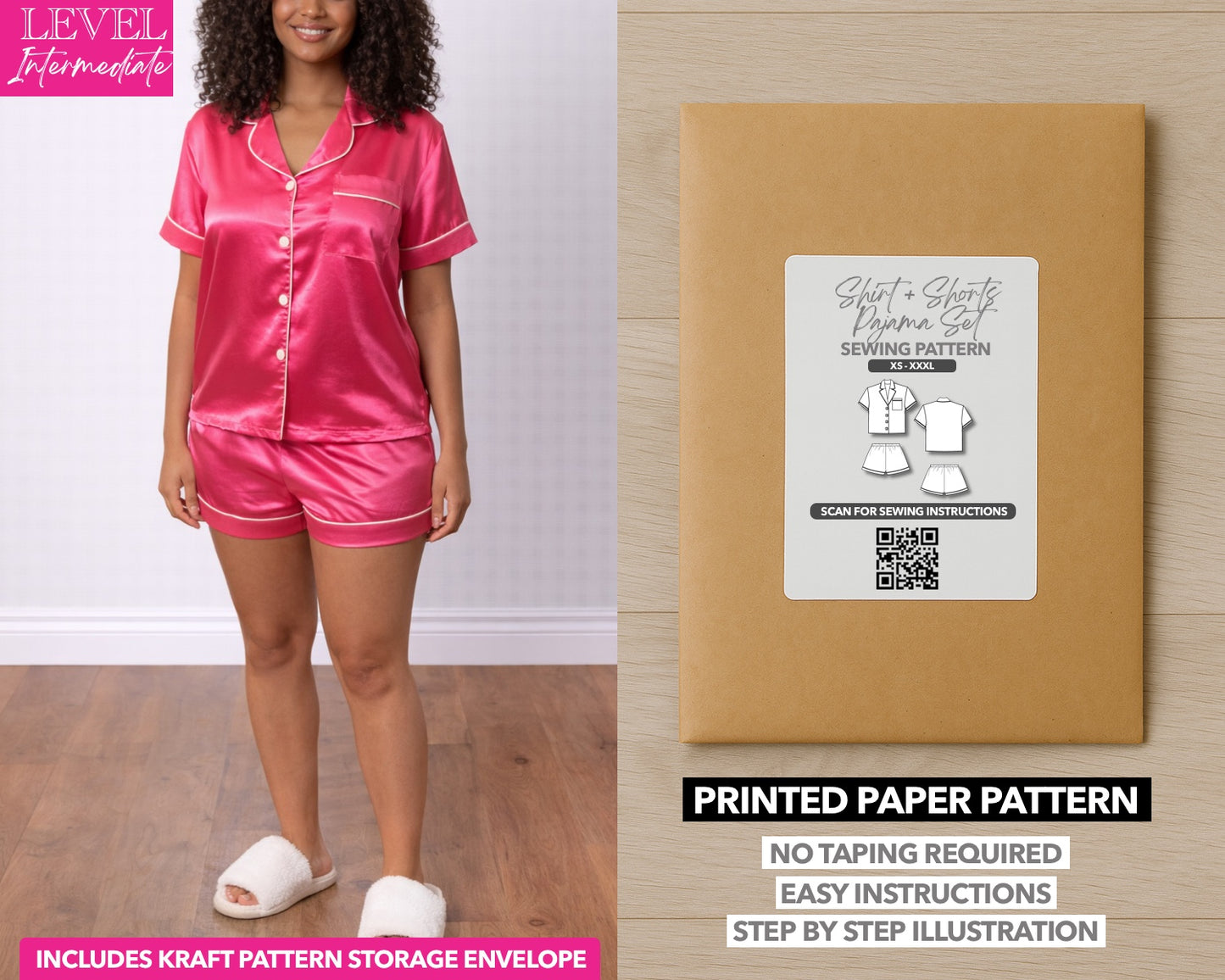 Collar Shirt and Shorts Pajama Set printed sewing pattern with easy instructions and step by step illustrations.