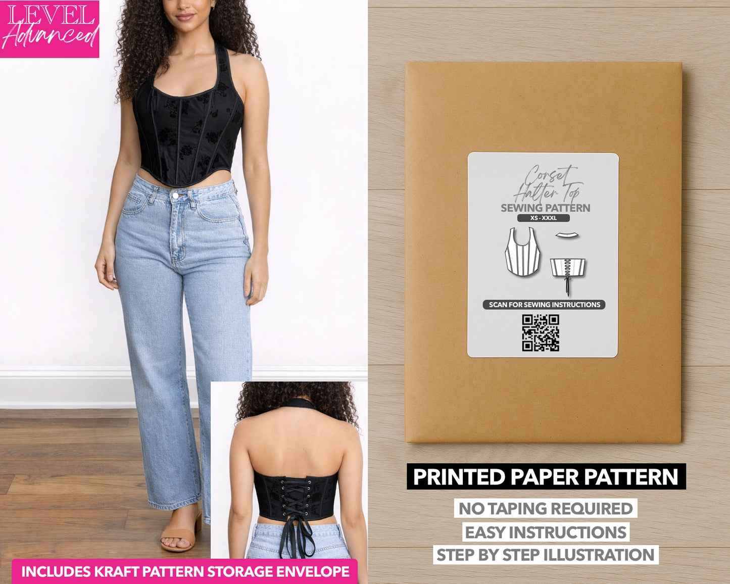 Corset Halter Top printed sewing pattern with easy instructions and step by step illustrations.