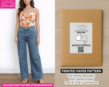 Cowl Neck Cami Top printed sewing pattern with easy instructions and step by step illustrations.