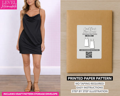 Cowl Neck Mini Dress printed sewing pattern with easy instructions and step by step illustrations.