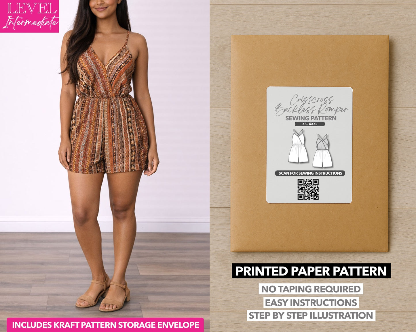 Crisscross Backless Cami Romper printed sewing pattern with easy instructions and step by step illustrations.