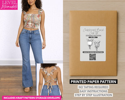 Crisscross Tie Back Ruffle Sleeve Crop Top printed sewing pattern with easy instructions and step by step illustrations.