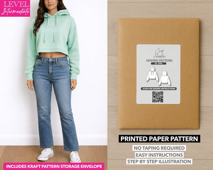 Crop Hoodie printed sewing pattern with easy instructions and step by step illustrations.