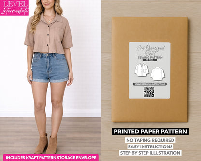 Crop Oversized Shirt printed sewing pattern with easy instructions and step by step illustrations.