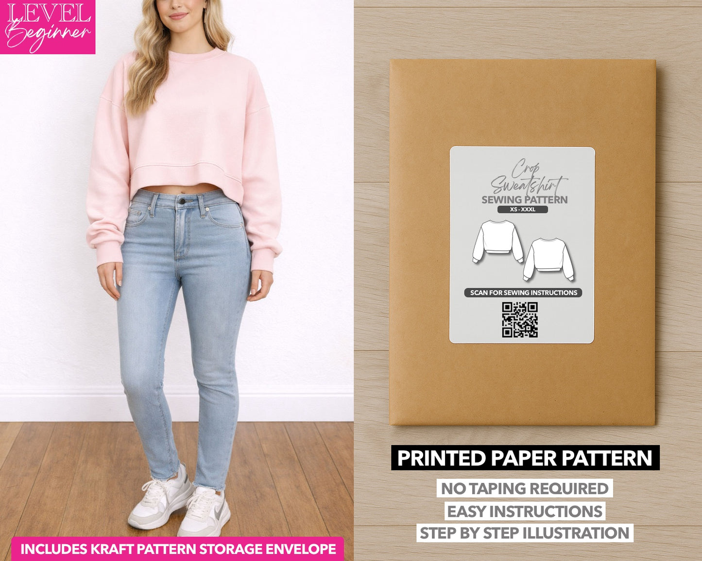 Crop Sweatshirt printed sewing pattern with easy instructions and step by step illustrations.