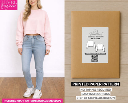 Crop Sweatshirt printed sewing pattern with easy instructions and step by step illustrations.
