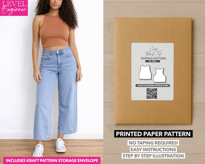 High Neck Crop Tank Top printed sewing pattern with easy instructions and step by step illustrations.