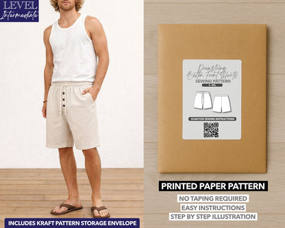 Drawstring Button Front Shorts printed sewing pattern with easy instructions and step by step illustrations.