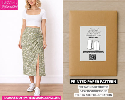 Drawstring Ruched Midi Skirt printed sewing pattern with easy instructions and step by step illustrations.