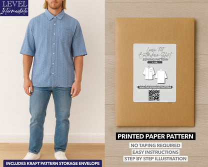 Drop Shoulder Loose Fit Button Down Shirt printed sewing pattern with easy instructions and step by step illustrations.