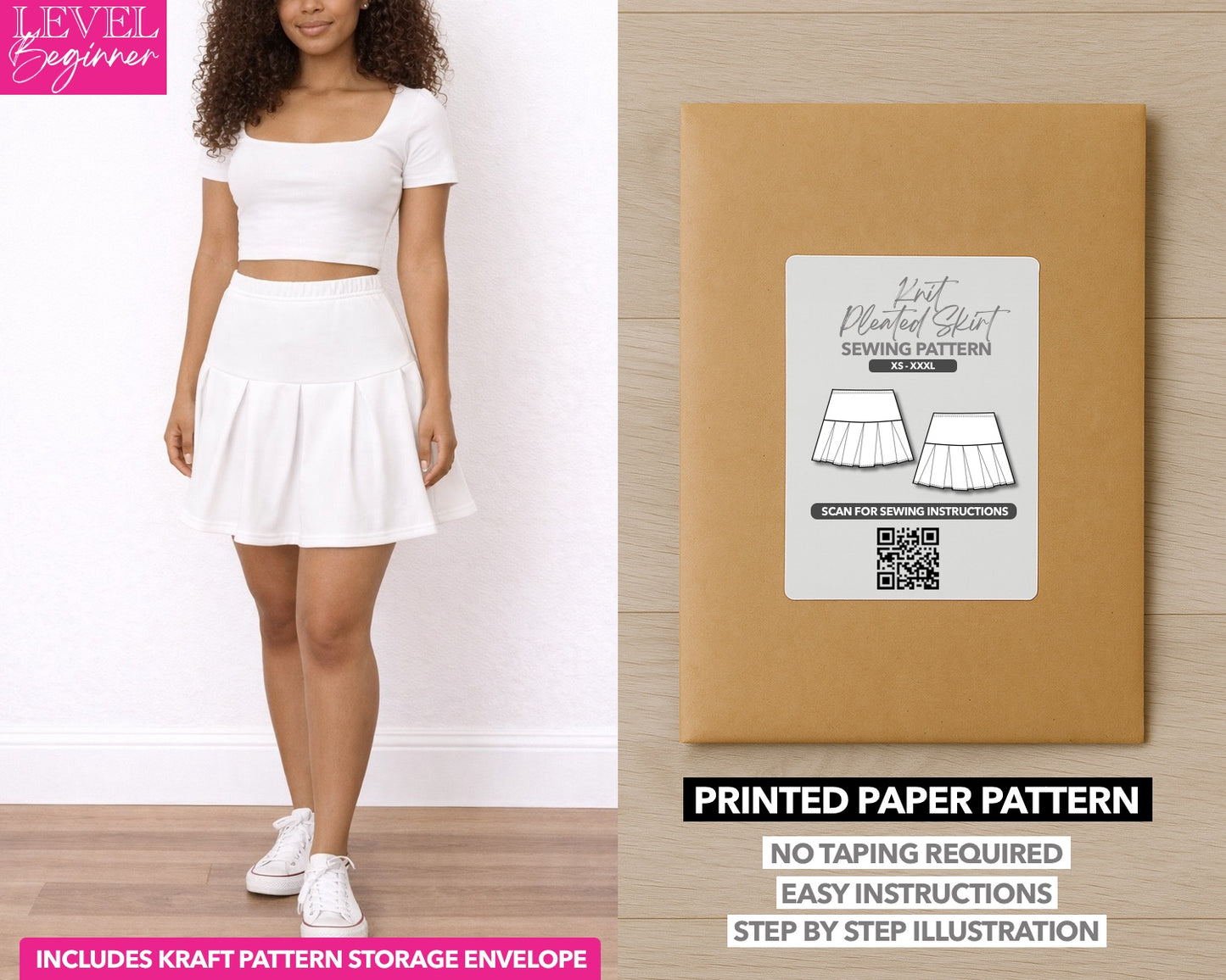 Drop Waist Pleated Mini Skirt printed sewing pattern with easy instructions and step by step illustrations.