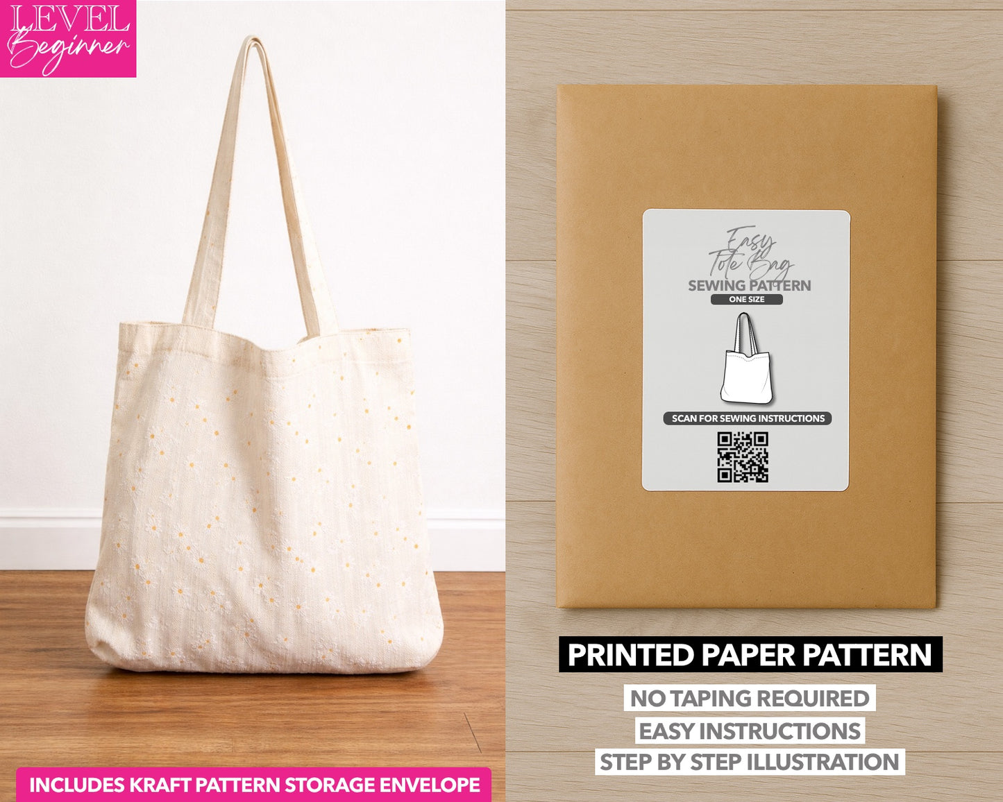 Easy Tote Bag printed sewing pattern with easy instructions and step by step illustrations.