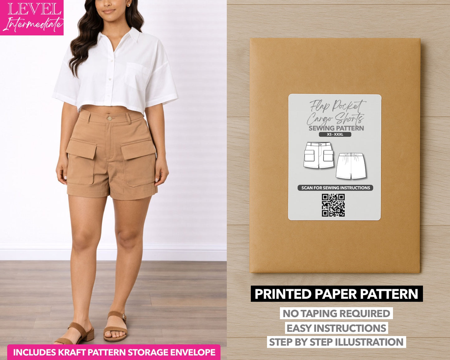 Flap Pocket Cargo Shorts printed sewing pattern with easy instructions and step by step illustrations.
