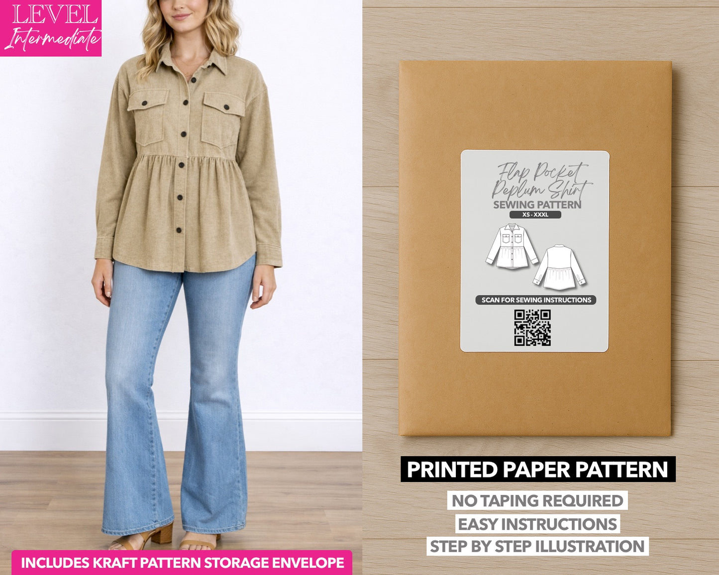 Flap Pocket Drop Shoulder Peplum Shirt printed sewing pattern with easy instructions and step by step illustrations.