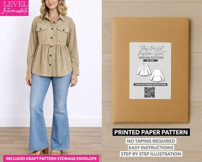 Flap Pocket Drop Shoulder Peplum Shirt printed sewing pattern with easy instructions and step by step illustrations.