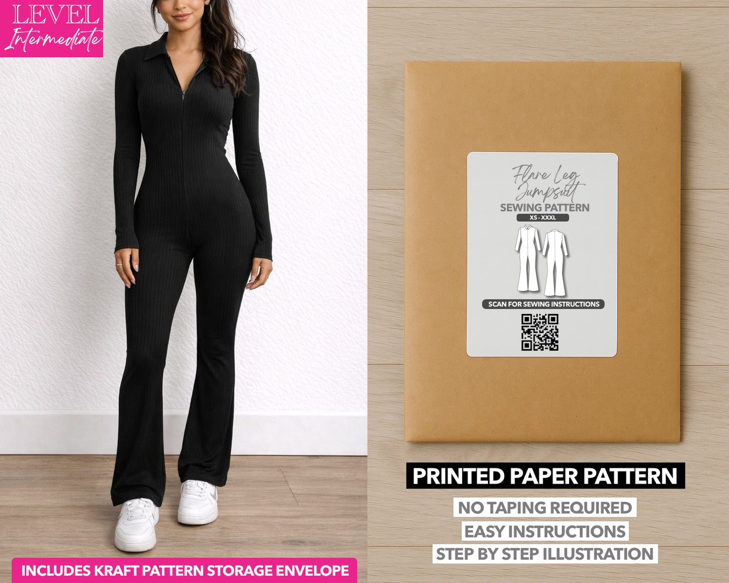 Flare Leg Jumpsuit printed sewing pattern with easy instructions and step by step illustrations.