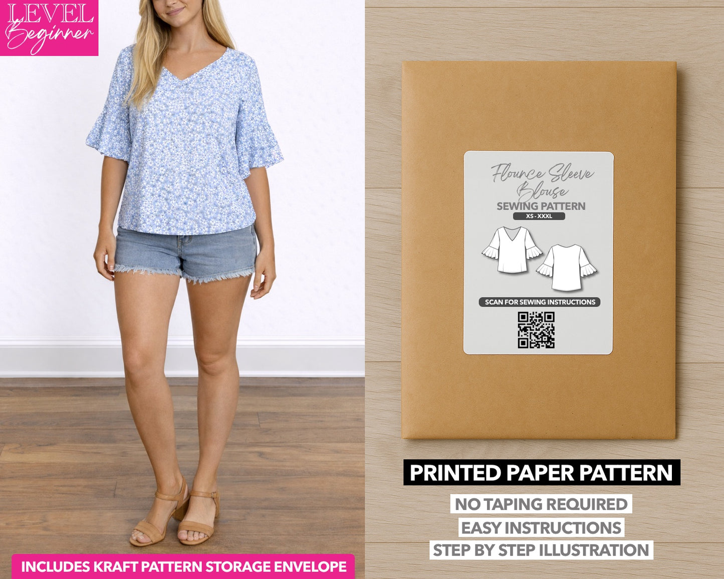 Flounce Sleeve Blouse printed sewing pattern with easy instructions and step by step illustrations.