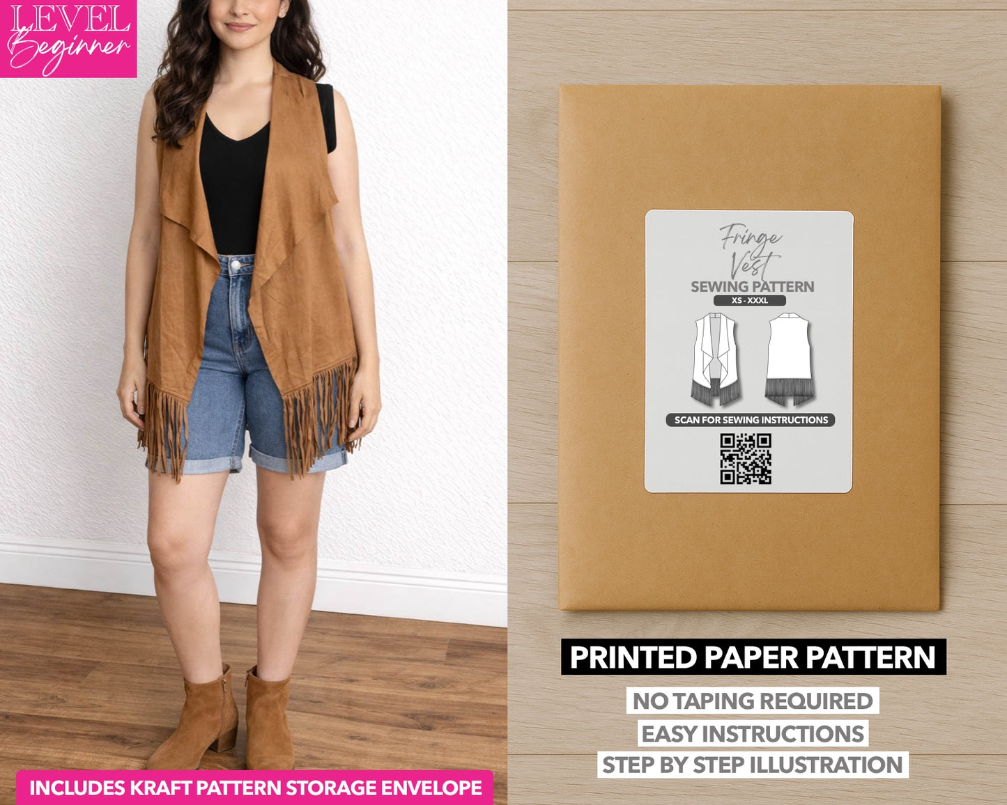 Fringe Open Front Vest printed sewing pattern with easy instructions and step by step illustrations.