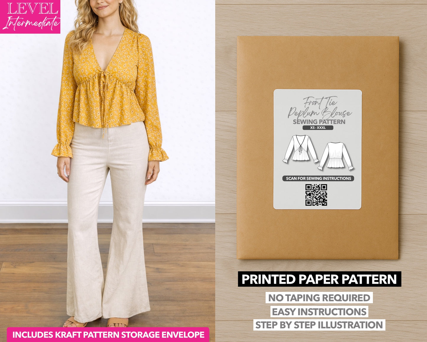 Front Tie Peplum Blouse printed sewing pattern with easy instructions and step by step illustrations.