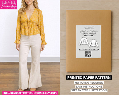Front Tie Peplum Blouse printed sewing pattern with easy instructions and step by step illustrations.