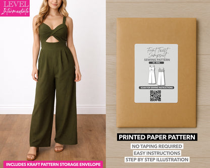 Front Twist Shoulder Strap Overall Jumpsuit printed sewing pattern with easy instructions and step by step illustrations.