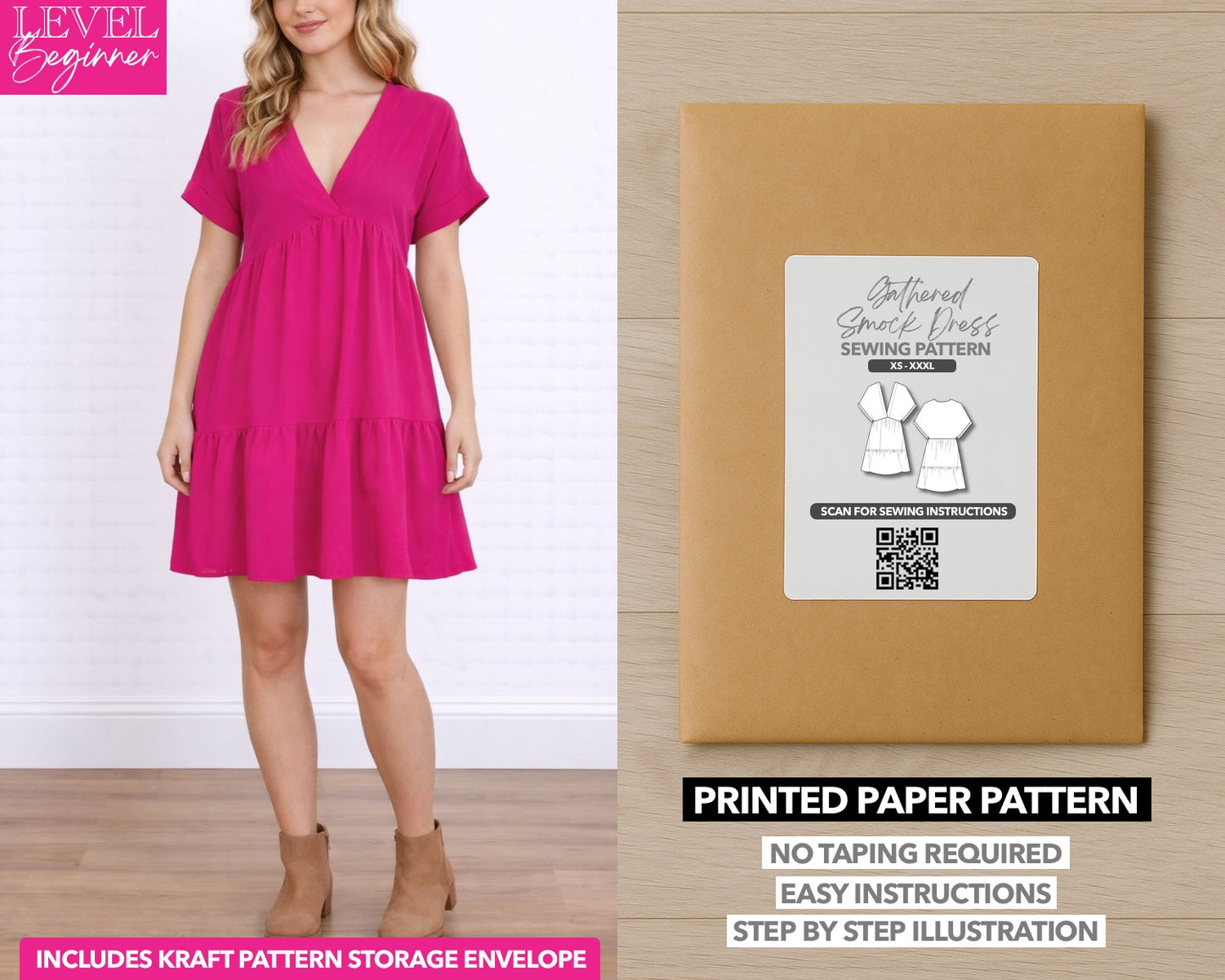 Gathered Smock Dress printed sewing pattern with easy instructions and step by step illustrations.