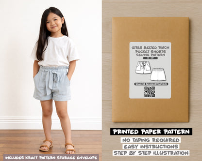 Girls Belted Patch Pocket Shorts Sewing Pattern