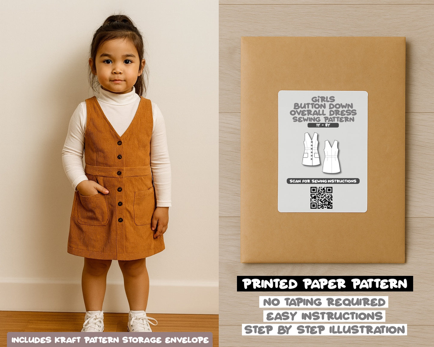 Girls Button Down Overall Dress Sewing Pattern