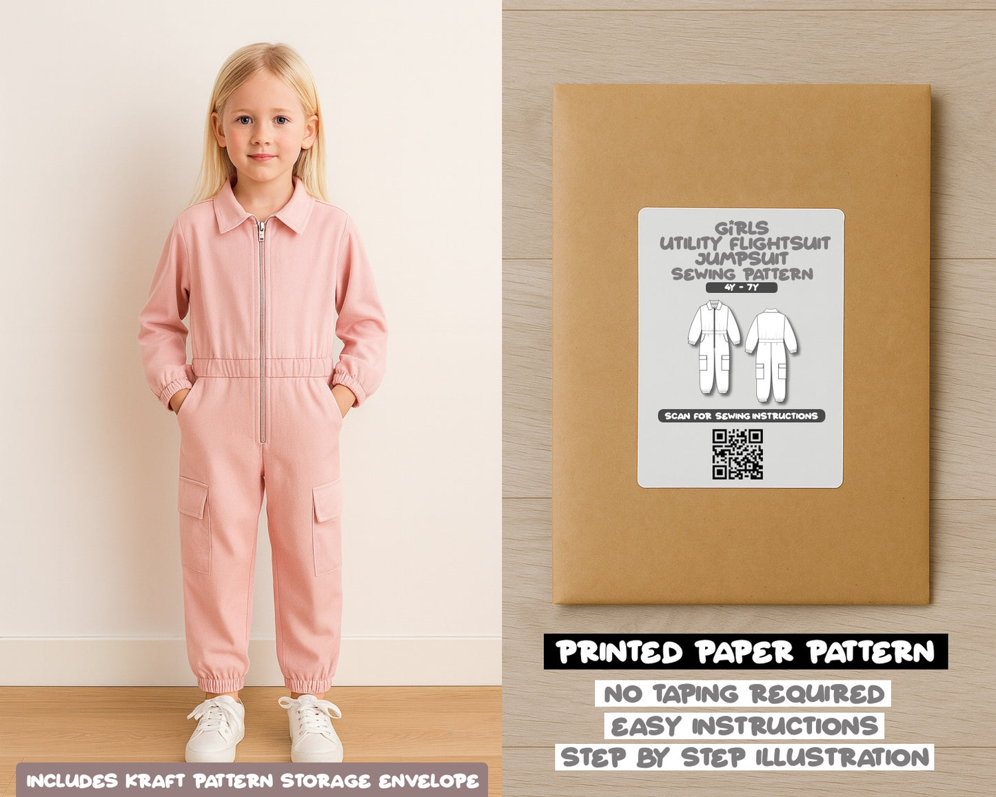Girls Cargo Utility Flightsuit Jumpsuit Sewing Pattern