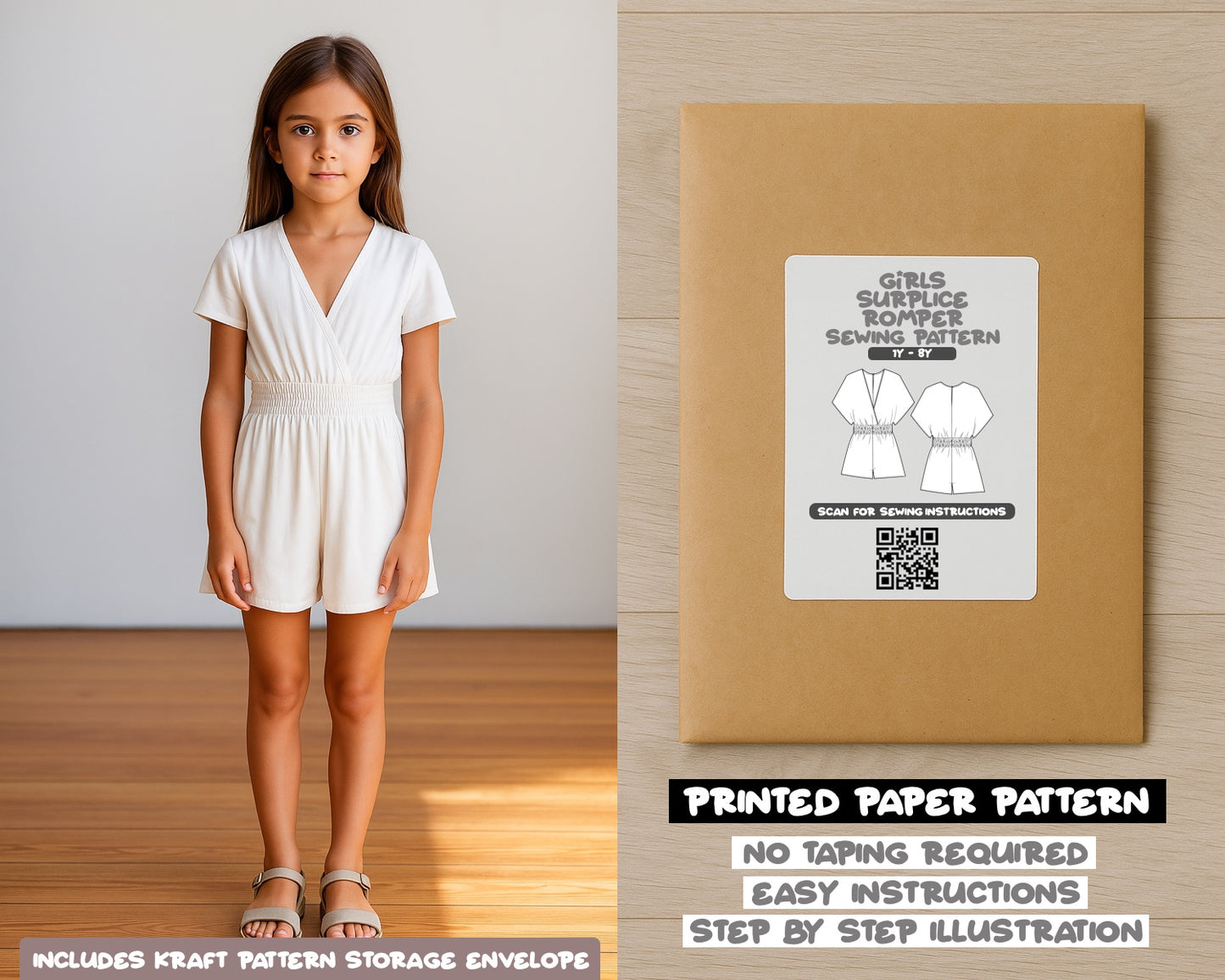 Girls Kimono Sleeve Surplice Romper Sewing Pattern