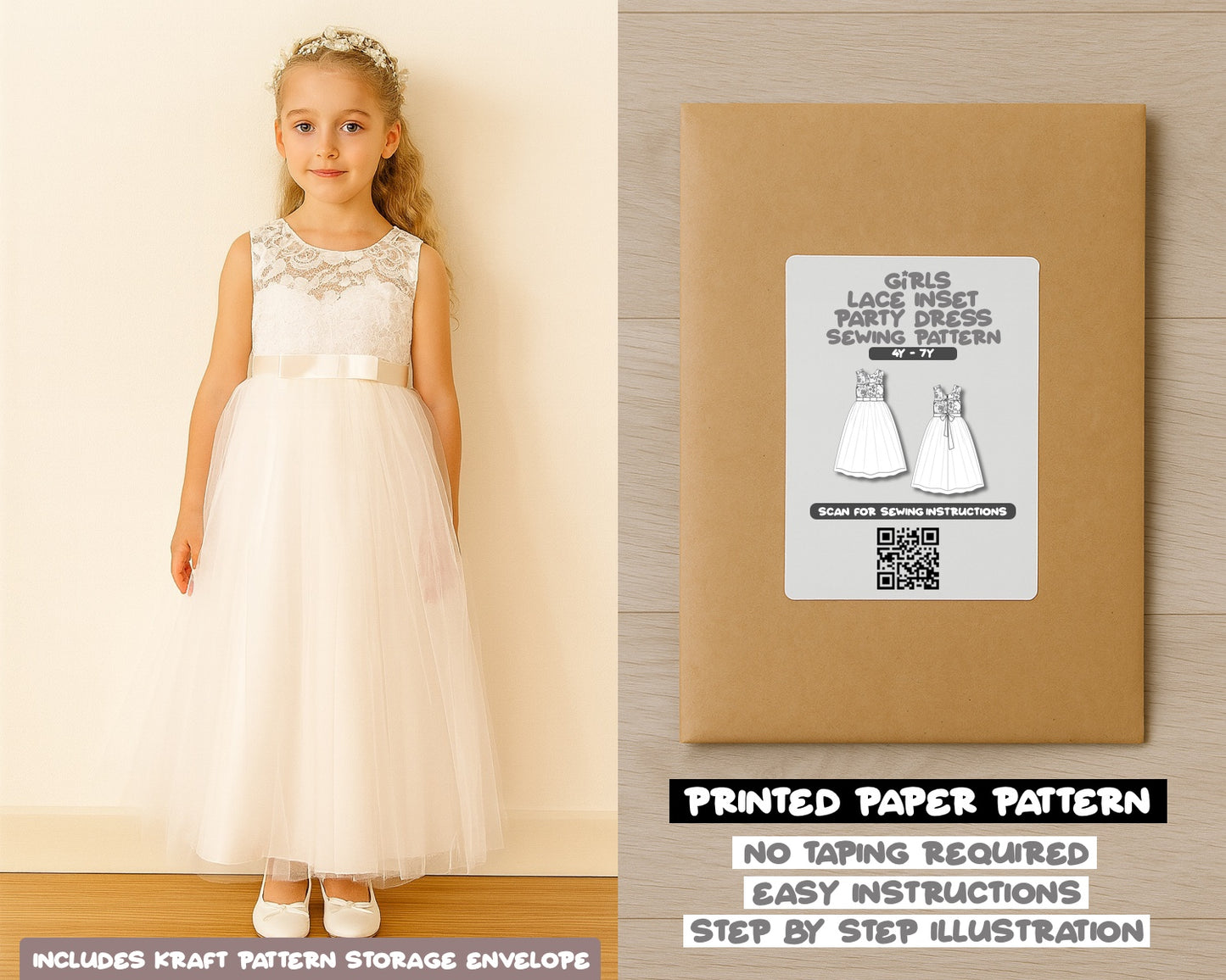 Girls Lace Inset Mesh Hem Party Dress Sewing Pattern