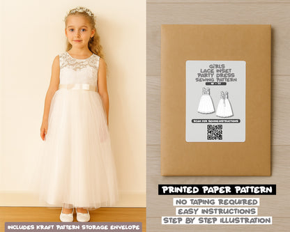 Girls Lace Inset Mesh Hem Party Dress Sewing Pattern