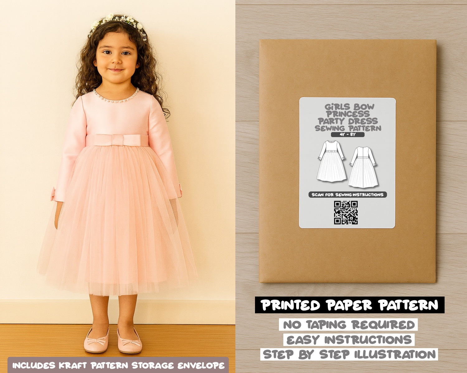 Girls Long Sleeve Princess Tulle Party Dress Sewing Pattern – Patterns For  Less