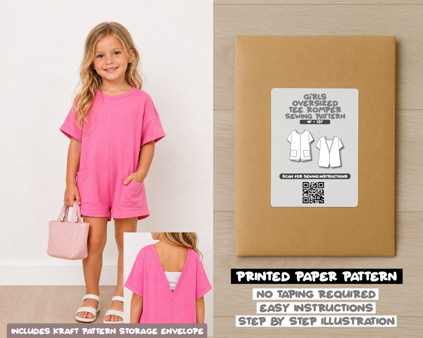 Girls Oversized Tee Romper printed sewing pattern with easy instructions and step by step illustrations.